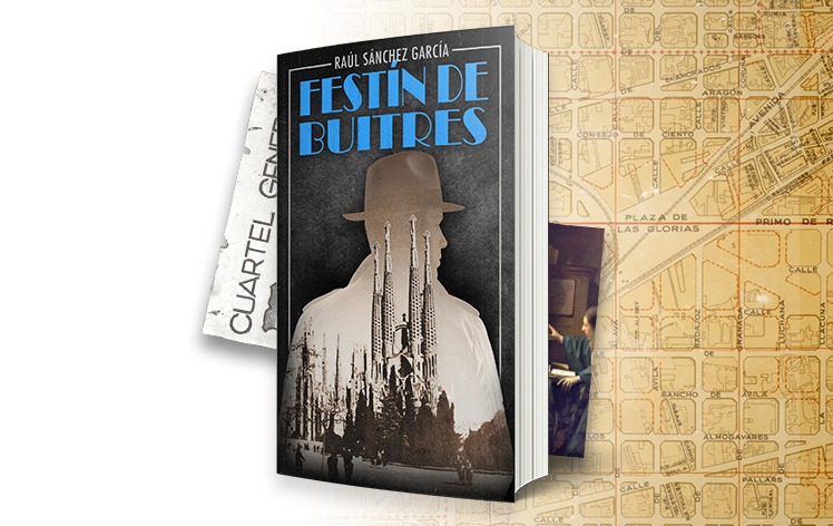 Portada del libro Festín de Buitres con un plano de la ciudad de Barcelona